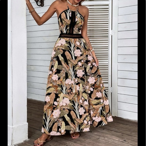 Boho Floral Print Criss Cross Lace Maxi Dress Cottagecore - Picture 5 of 9